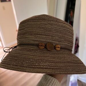 Woven light brown ladies hat/casual fun wear-Smitten w/lace tie & 3wood buttons